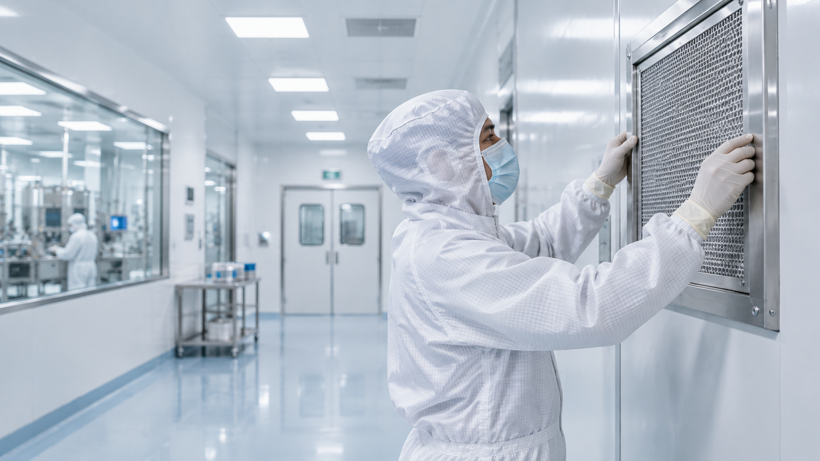 Cleanroom technician inspecting HEPA filter